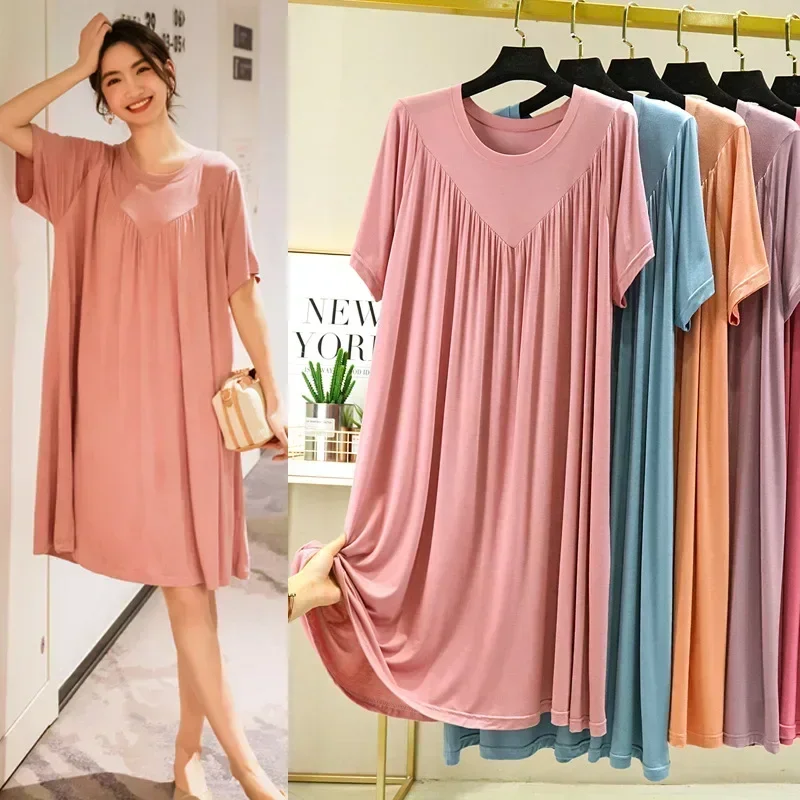 Women Nightgowns Women Nightdresses Sleeping Dress Summer Nightgowns Women Large Size Loose Long Casual Homewear Sleepwear Dresses Female Short Sleeve Modal Nightdress Women 130KG