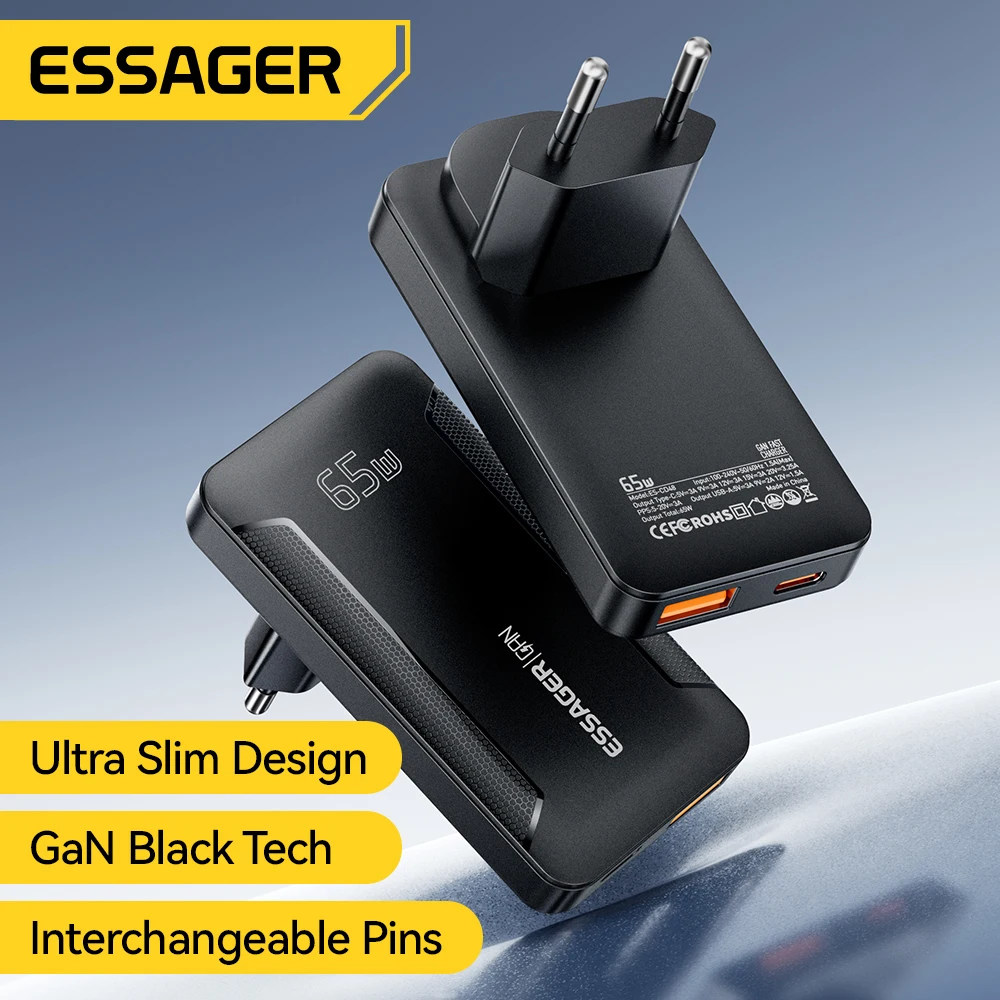 Essager Ultra Thin 65W GaN Pro Travel Charger Quick Charge 4.0 PD3.0 Portable Type C Charger For iPhone Samsung Macbook Laptop