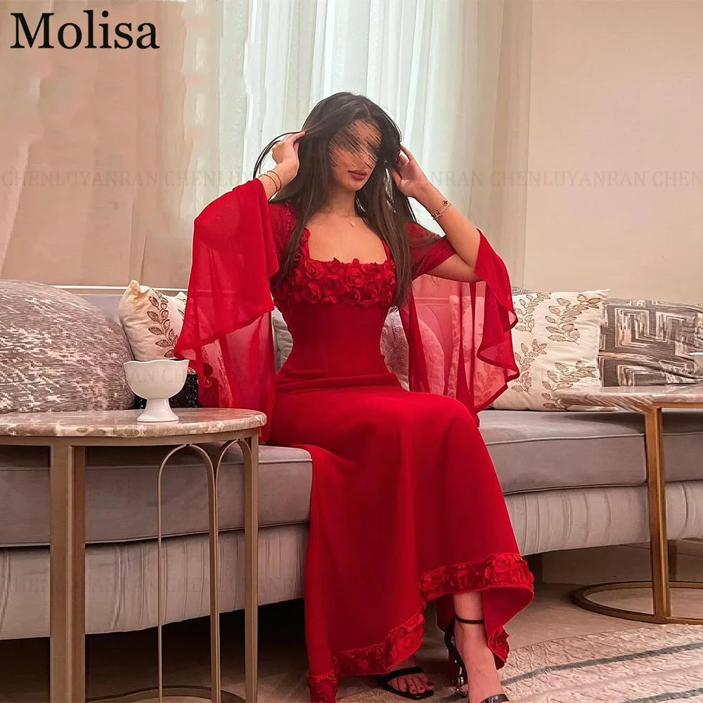 

MOLISA Red Saudi Arabia Evening Dresses 2024 Mermaid Square Neck Party Prom Gowns Flower Appliques Long Formal Occasion Dresses