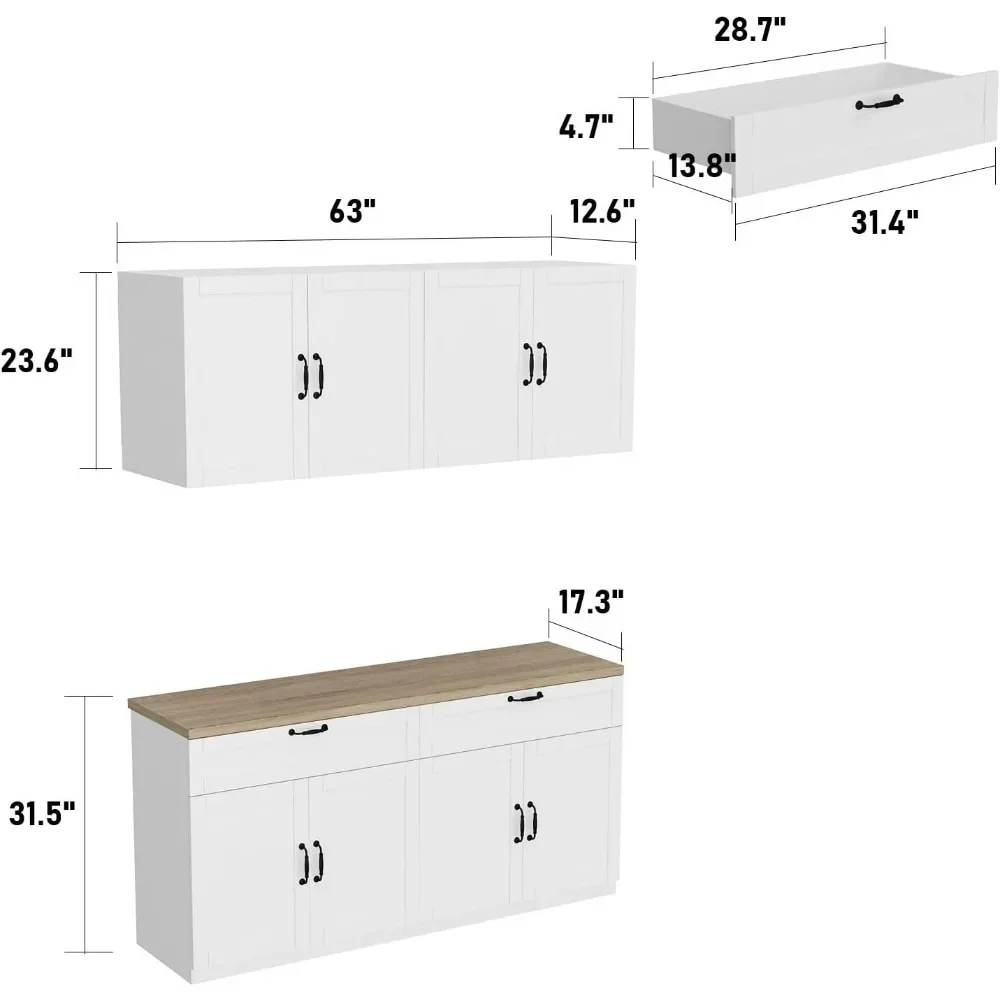 Wall Mounted Kitchen Pantry Storage Cabinet with Countertop, Pantry Cabinet with Drawers & Doors, Wall for Kitchen