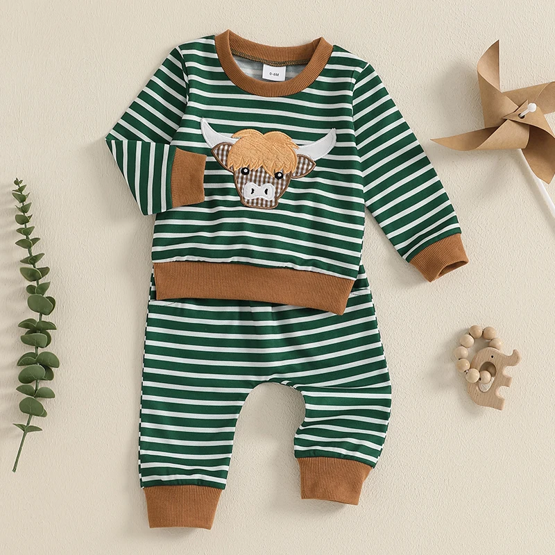 Embroidered Cow Top & Striped Pants Set 3