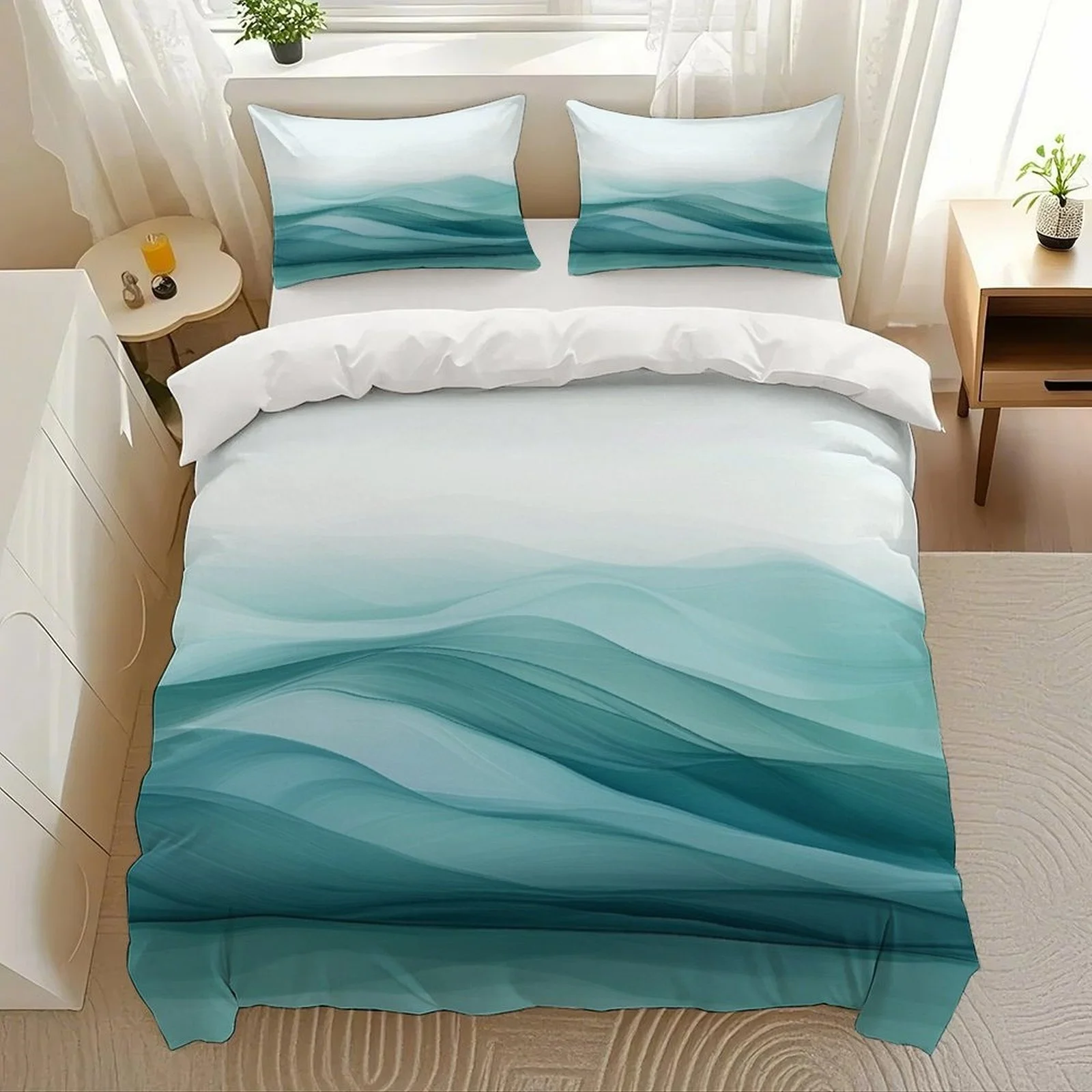 3Pcs Waves in Teal Themed Duvet Cover Set, Novelty Fashion Lightweight Soft Bedding with Zipper, All Seasons Home Dorm Decor
