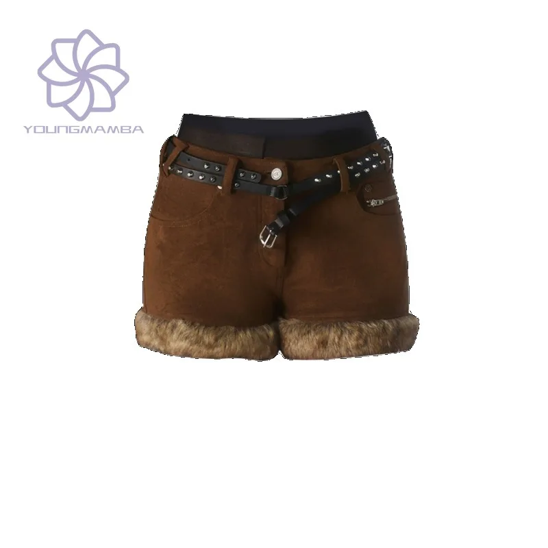 

Women's Y2K Plush Shorts 2023 Autumn Winter New American Vintage Warm Short Pants Women Fashion Streetwear
