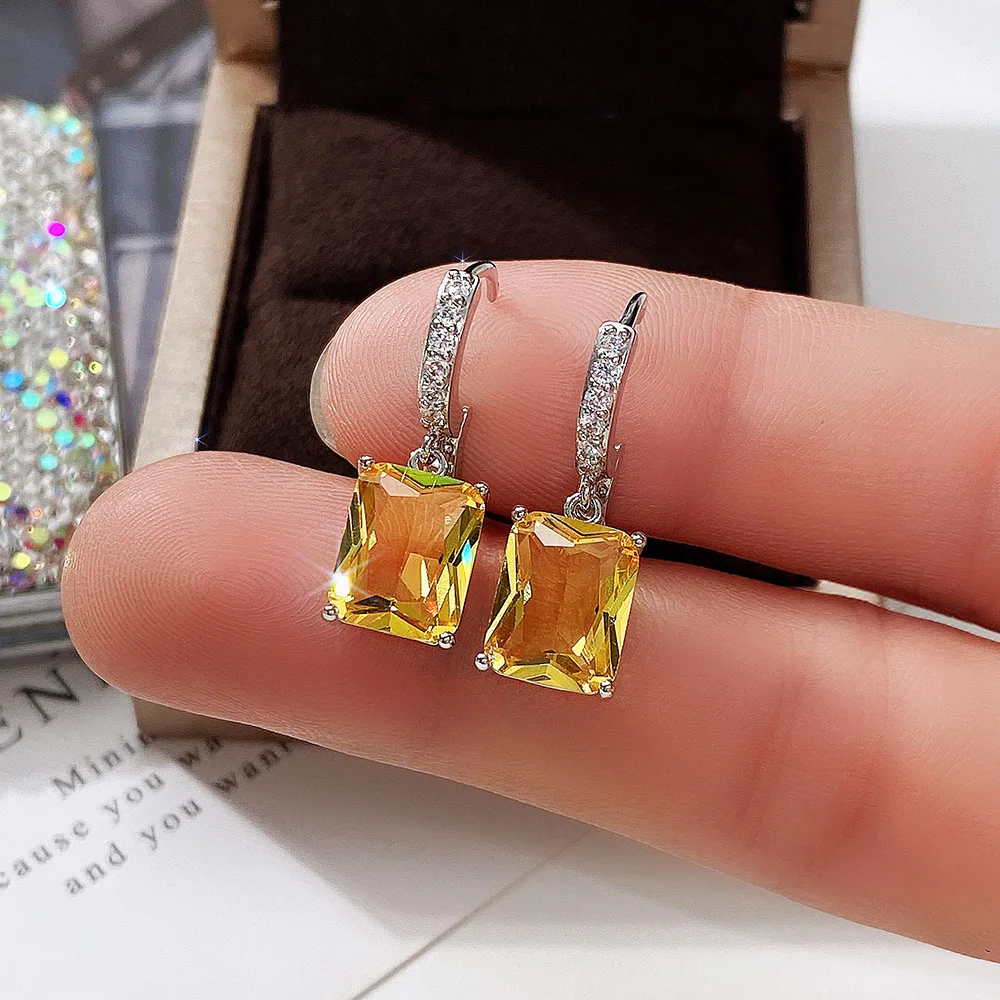 Groß Blau Gelb Rosa Grün Rechteck Stein Anhänger Ohrringe Für Frauen Silber Farbe Weiß Zirkon Hochzeit Tropfen Ohrring Schmuck CZ – Detail 3