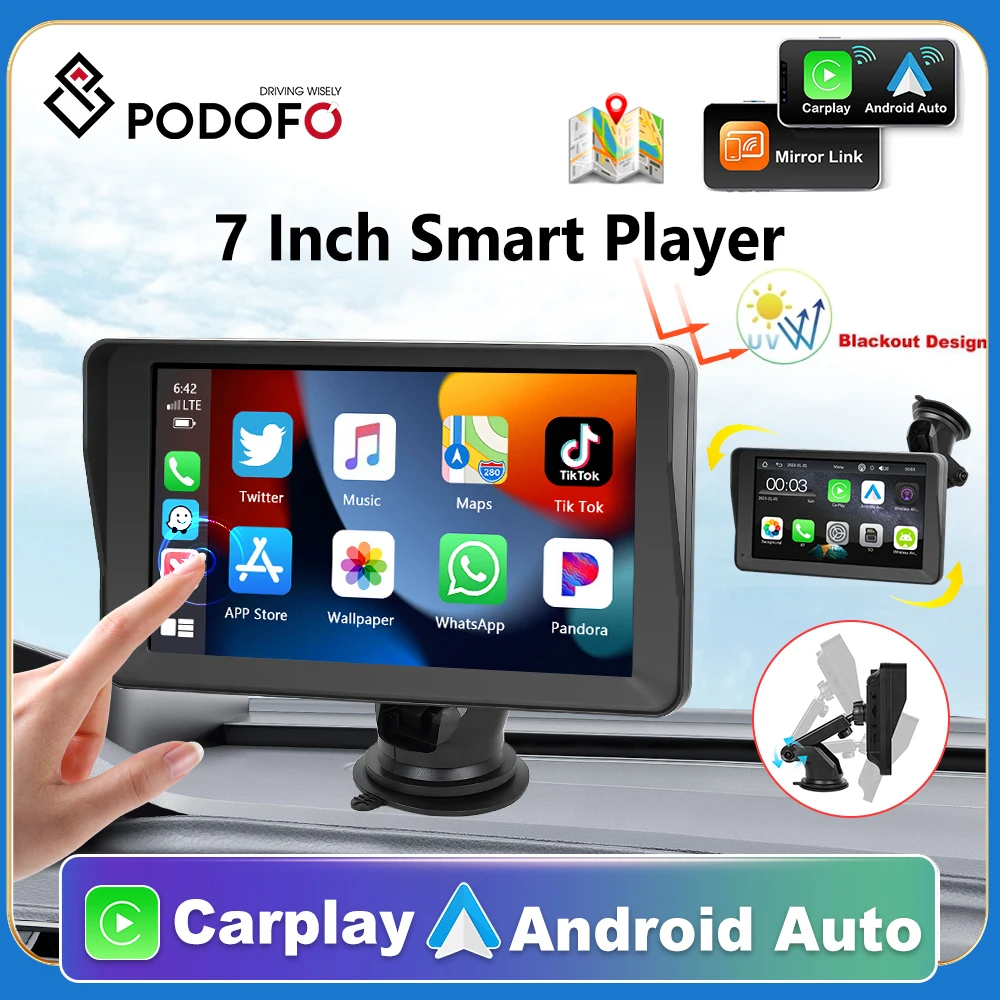 

Podofo 7" Screen Carplay MP5 Portable Smart Player Supports Android Auto Wireless CarPlay Dashboard Car Mirror with CVBS Camera