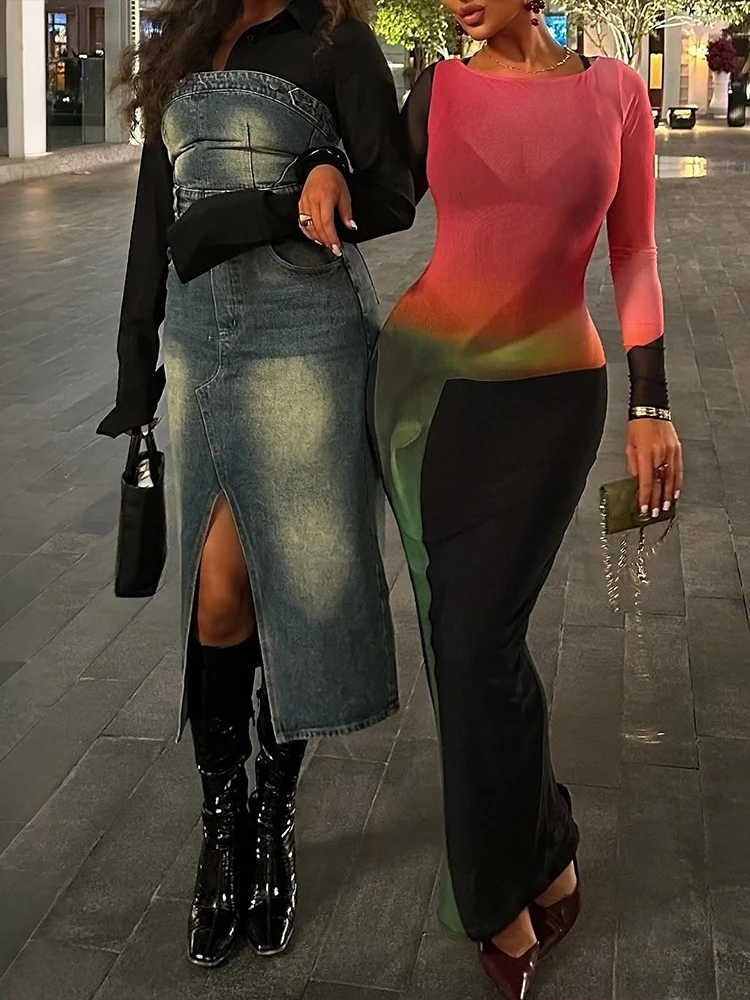 Nibber Fashion Contrast Patchwork Design Dress Woman Autumn Trend o-Neck Full Sleeve Skinny Stretch Street Elegant Long Bodycon