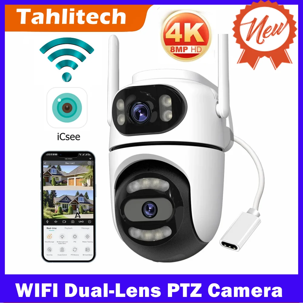 8MP 4K HD Wifi PTZ Camera iCsee APP Dual Lens Dual Screens Video Surveillance IP Camera Ai Tracking Outdoor Home Security CCTV 1