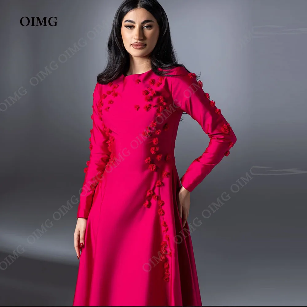 

OIMG Fuchsia Flowers A Line Dubai A-Line Evening Dress O Neck Full Sleeves Lace Saudi Arabic Formal Party Gown Vestidos Dresses