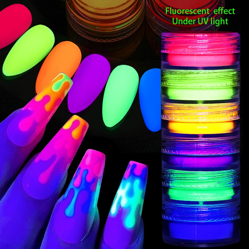 6Box/Set Neon Phosphor Pigment Powder Fluorescent Nail Glitter Set Shinny Ombre Chrome Dust DIY Gel Polish Manicure Nails Art