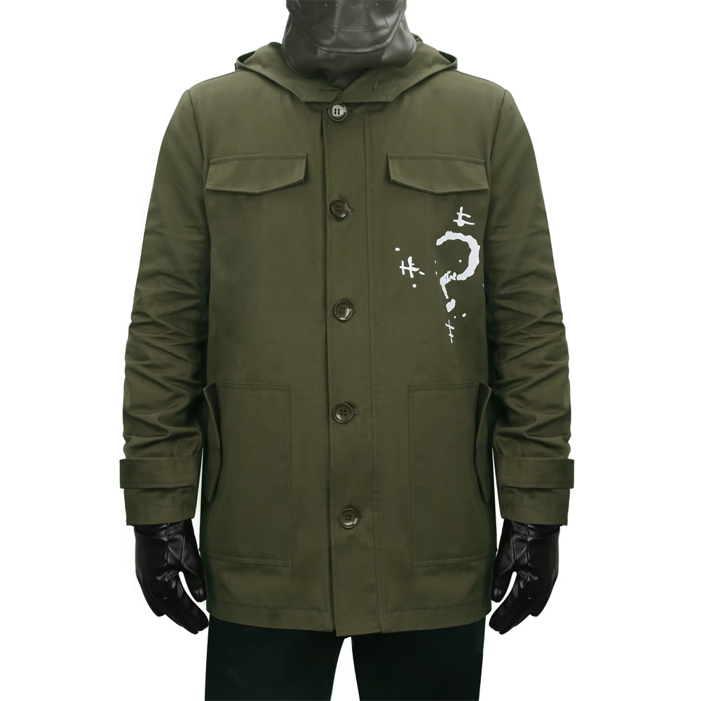 Army Green Riddler Jacket Cosplay Costume with Mask Headgear Gloves Edward  Villain Question Mark Coat Halloween Cosplay Outfits
