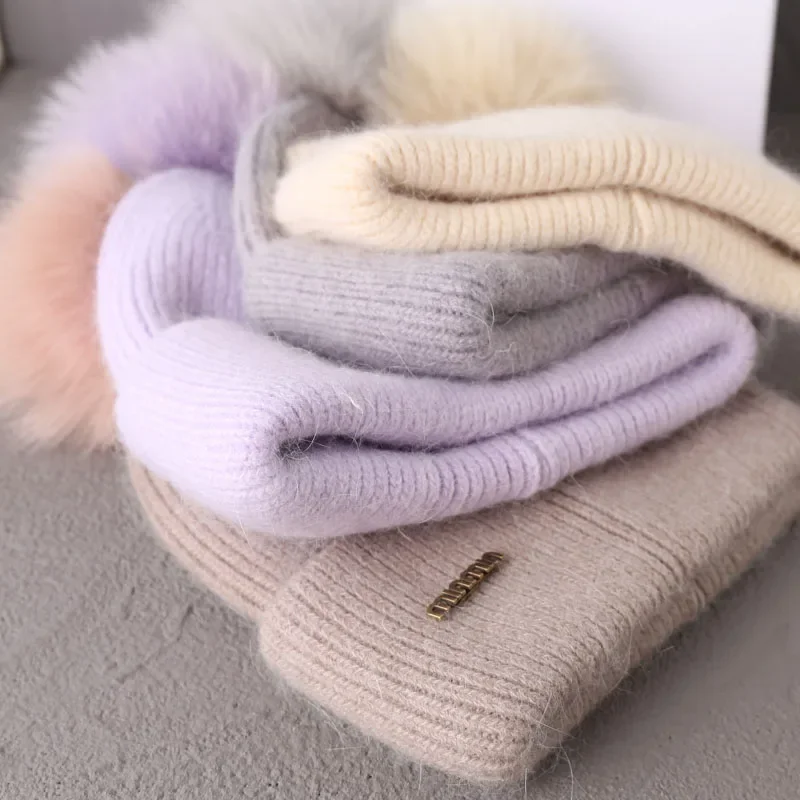 2023 Real Natural Fur Pom Poms for Hats Angora Rabbit Fur Winter Hat for  Women Knit Beanies Designer Hat Female Warm Soft Cap - AliExpress