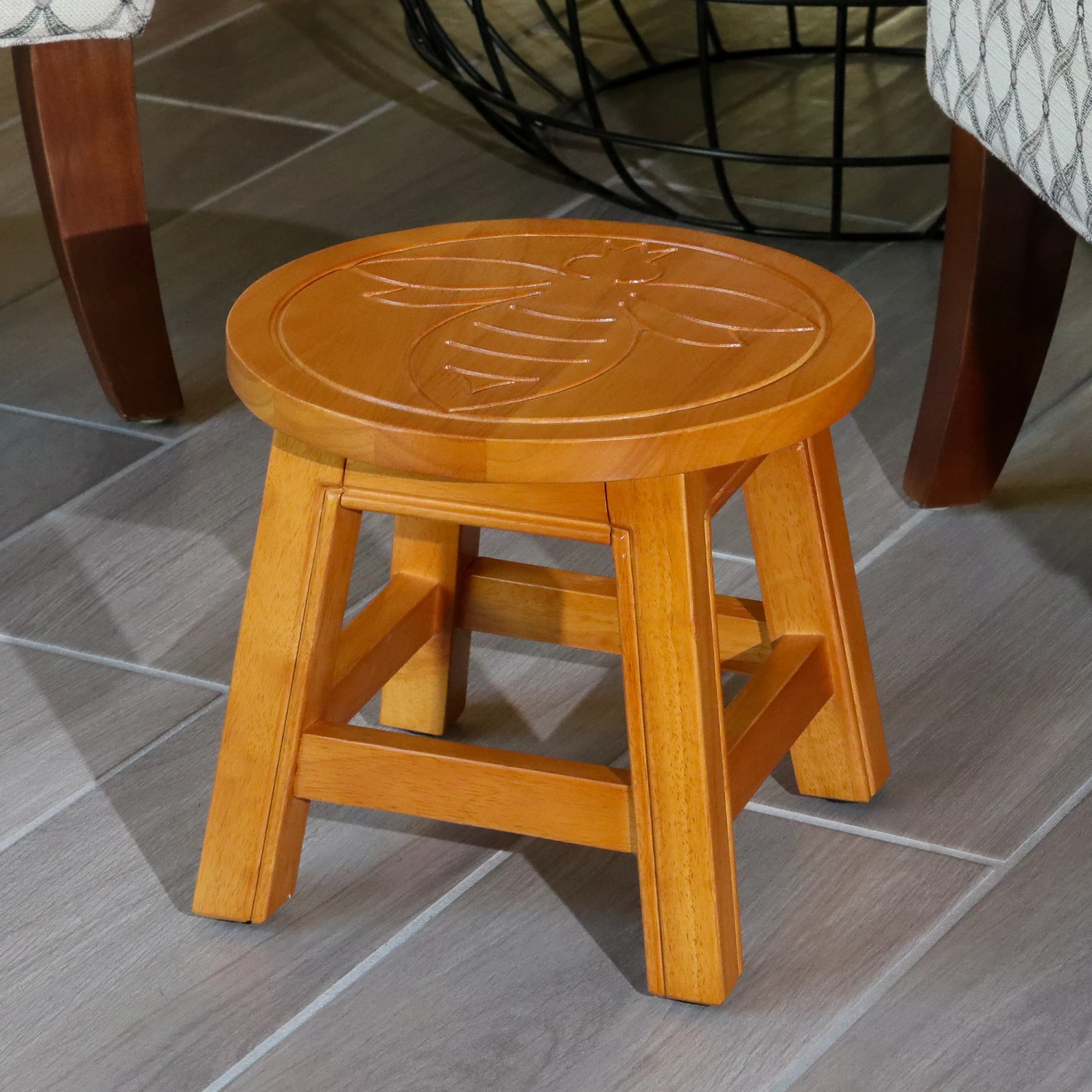 Carved Wooden Step Stool, Queen Bee, Natural 3