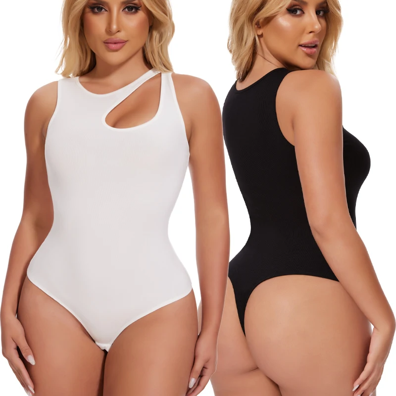 

Hollow Out Bodysuit Women Sleeveless Tank Top Black White Tummy Control Shapewear Ribbed Thong Jumpsuit Sexy Slim Fit Clubwear