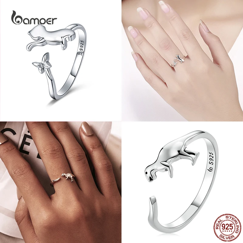 925 Sterling Silver Cat and Mouse Ring Women S925 Open Animal Ring Fine Jewelry Accessories Girl silver rings silver ring
