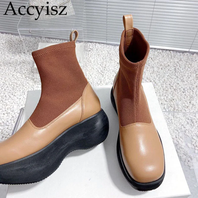 

Autumn Winter Knitted Stretch Sock Boots Women Genuine Leather Splicing Flat Thick Sole Ankle Boots Platform Fashion Short Botas