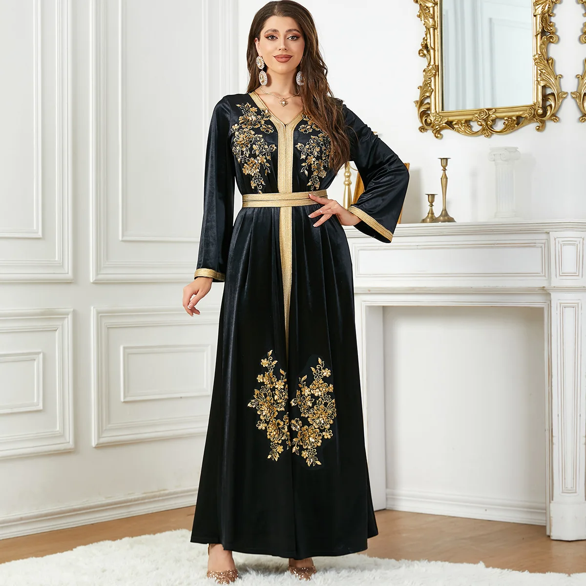 

Ramadan Saudi Arabia Autumn And Winter New Sequin Applique Velvet Dress Middle East Dubai Fashion Women's Evening Islam Dress