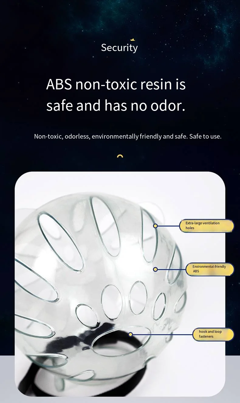 Product showcase of a transparent cat muzzle made from non-toxic, odorless ABS resin with labels highlighting extra-large ventilation holes and secure hook-and-loop fasteners.