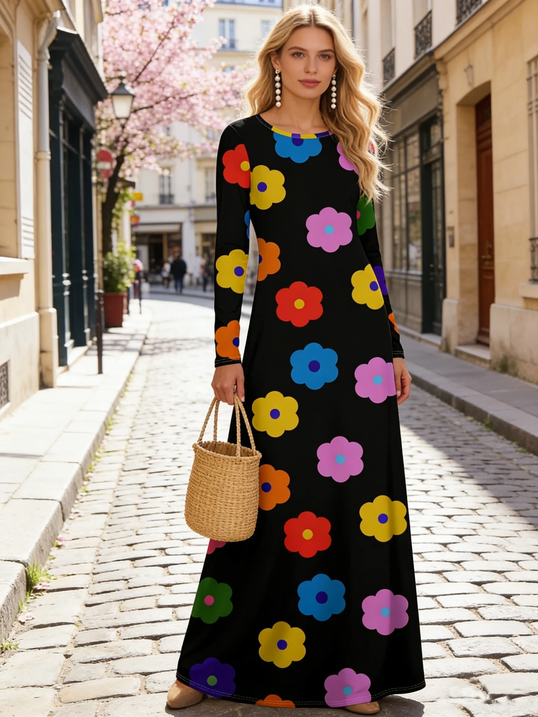 Lässiges Blumenprint-Kleid mit Langen Ärmeln für Damen Rundhals Sommer Herbst A-Linien Midikleid Modisch Bequem