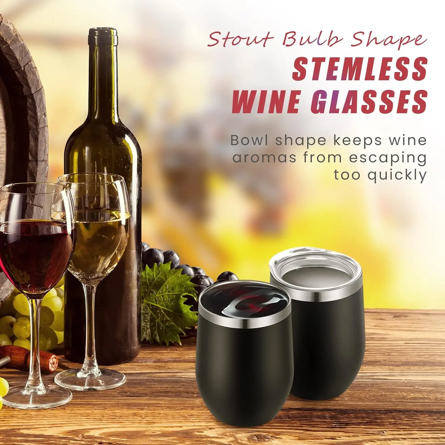 Pair Glass Double Wall Chilled Stemless Wine Glasses With Silicone Rings  8.5 Oz