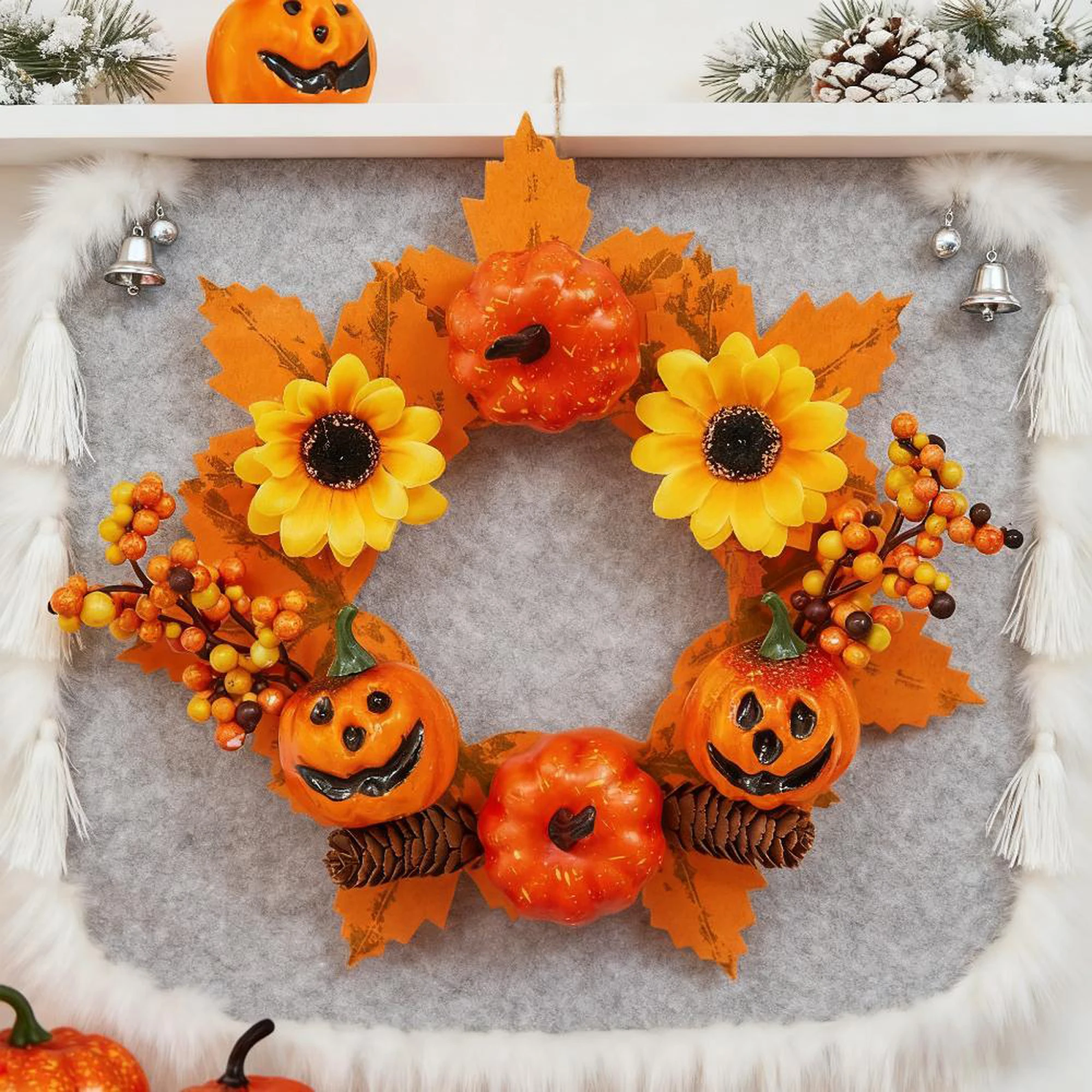 Spooky Black Cat Halloween Wreath with Glowing Eyes and Witch Hat for Front Door Decorations and Holiday Festivities