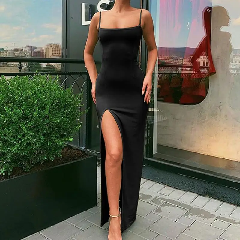

elegant women solid color chic dress sexy hight slit bodycon slip dresses 2023 summer fashion new