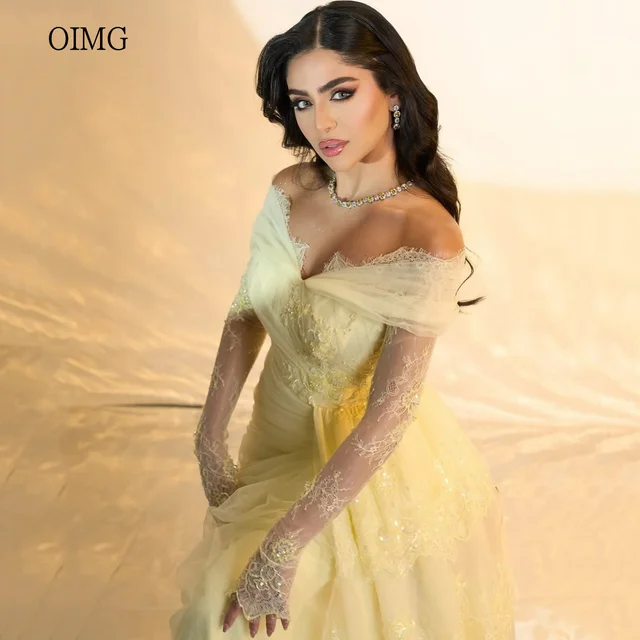 OIMG Luxurious Yellow Mermaid Prom Gowns Off The Shoulder Sequined Party Gown Saudi Floor Length Evening Dress Customized 1