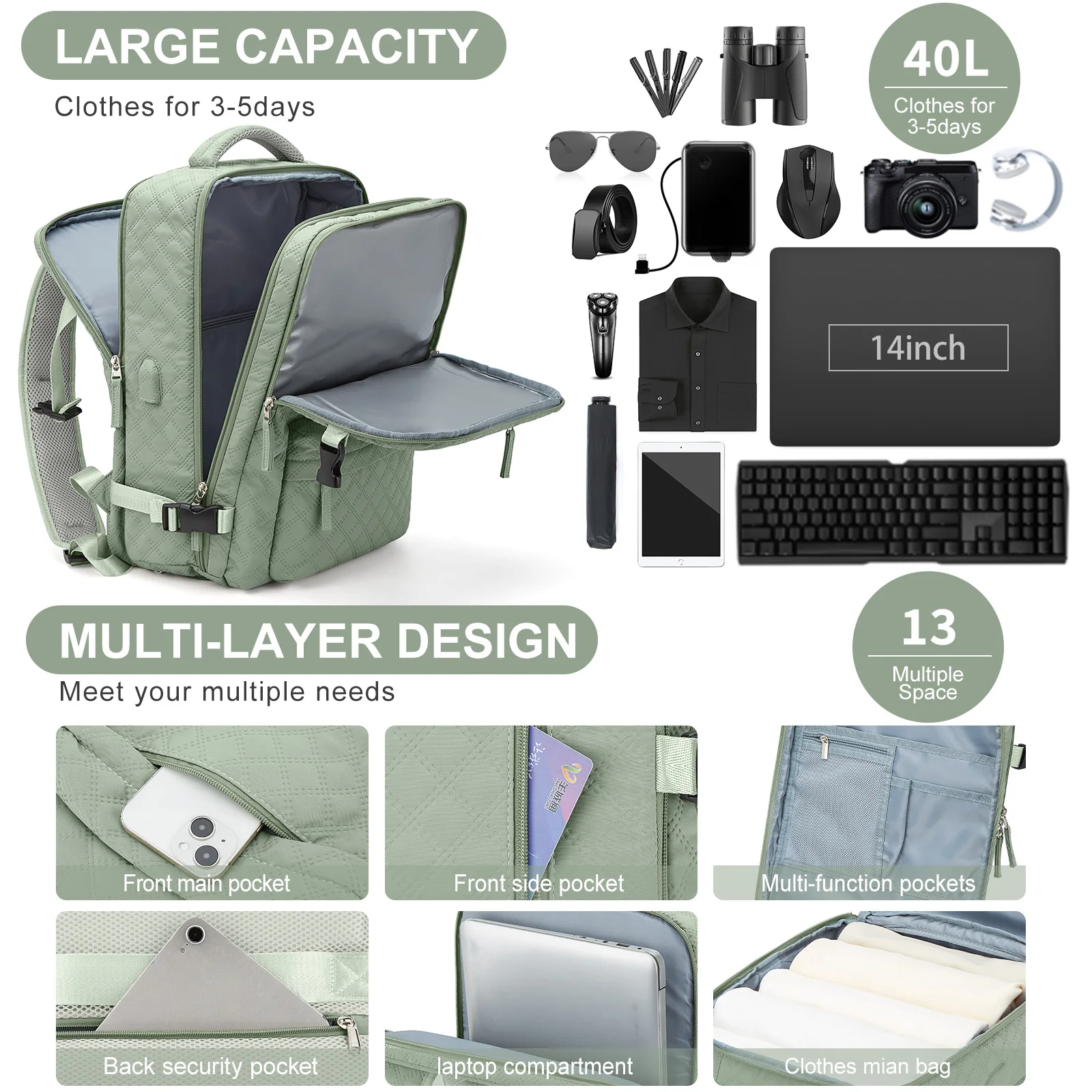 Large Travel Laptop Backpack for Men Women，Backpack with USB Charging Port, Cabin Backpack, College, Business, Travel, Climb Bag 2