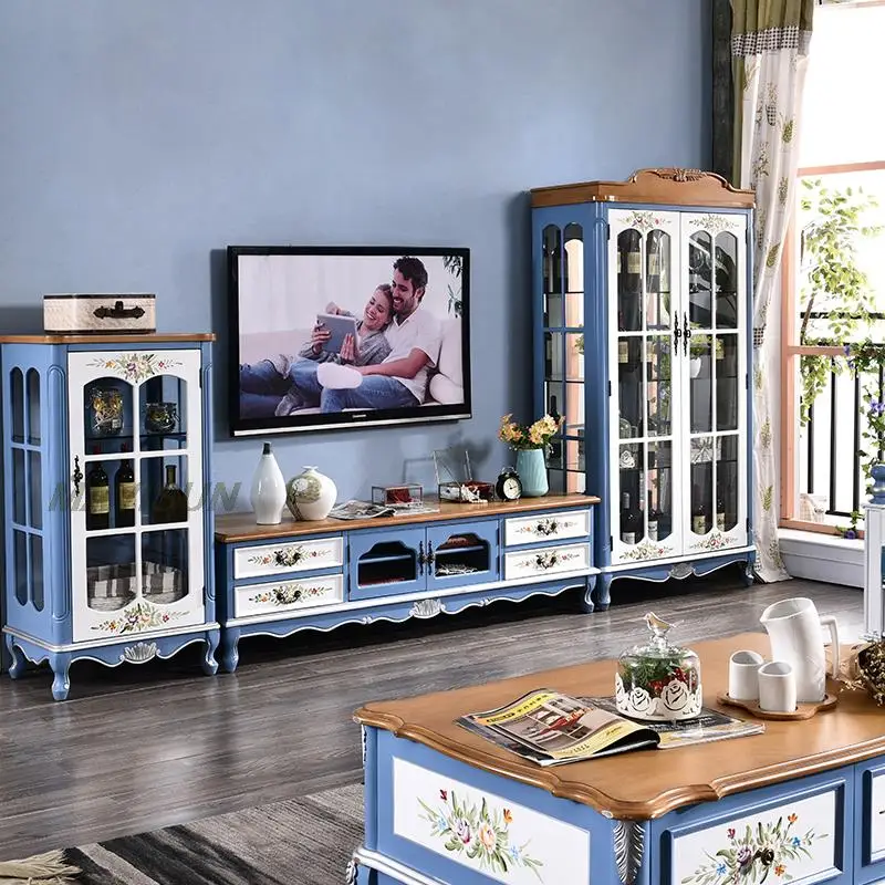 Painted Country Tv Cabinet Living Room Bedroom Carved Solid Wood Foot  Coffee Table Combination Glass Door Chinese Side Cabinet - Tv Stands -  AliExpress
