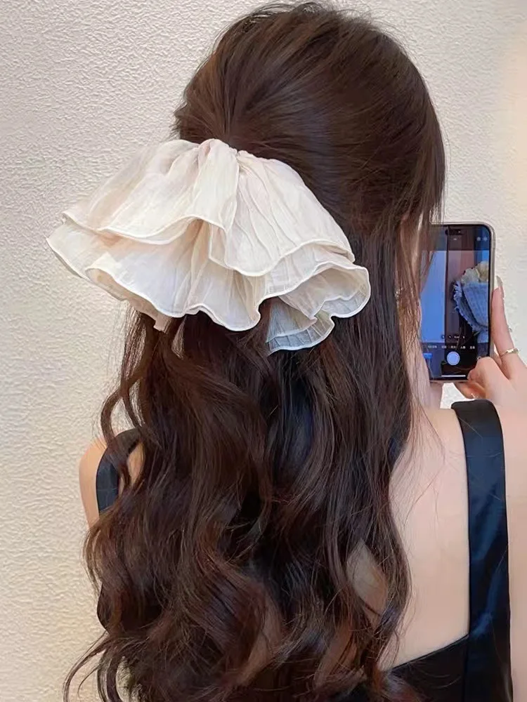 Scrunchies in pizzo con volant oversize Fasce elastiche per capelli Donna Ragazza Doppio strato pieghettato Coda di cavallo Cravatte per capelli Corde Accessori per capelli