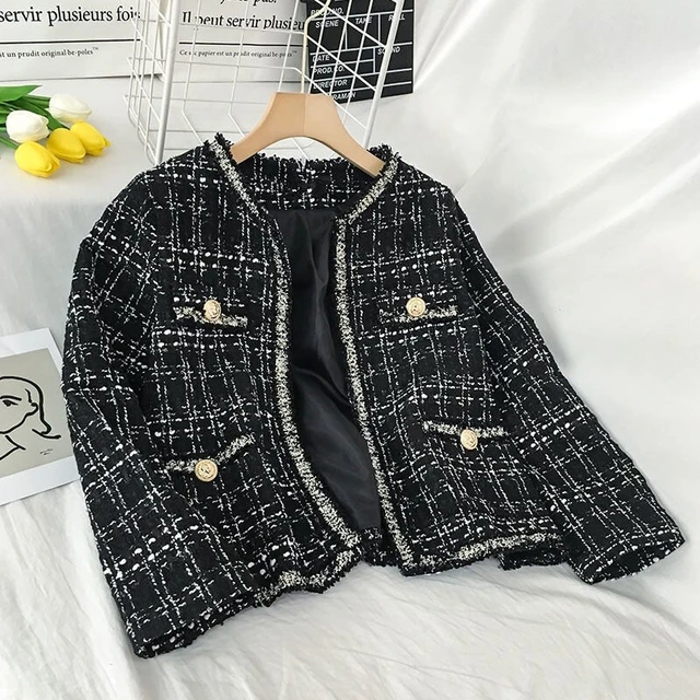 Chaqueta corta de Tweed a cuadros para mujer, Blazer ajustado de lana,  informal, a la moda, para oficina, color blanco y negro, talla grande  S-3XL, primavera y otoño - AliExpress