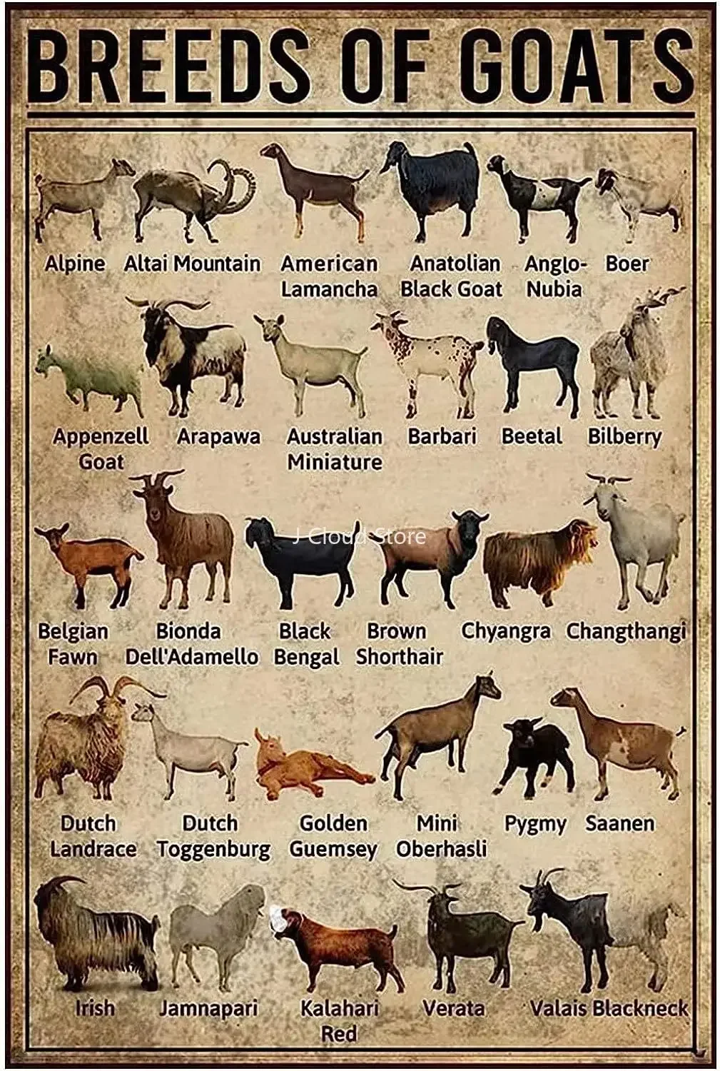 

Goat Breed Animal Knowledge Metal Sign Vintage Farm Goat Tin Sign Poster Wall Plaque Farmhouse Classroom Office Bar Home