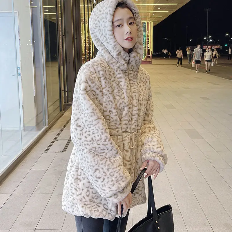 2023 Winter New Women Fashion Faux Mink Fur Coat Female Mid-Length Loose Large Size Hooded Casual Leopard Print Thicken Outwear