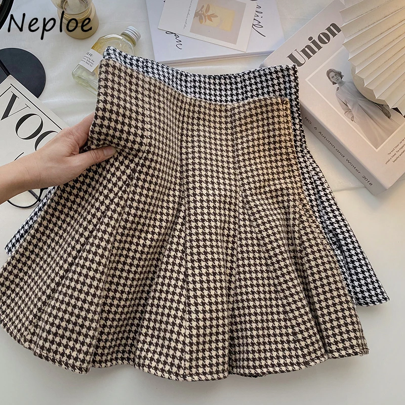 Neploe Faldas plisadas Retro a cuadros para Mujer, minifalda de de estilo coreano, cintura alta, línea A, Otoño, -