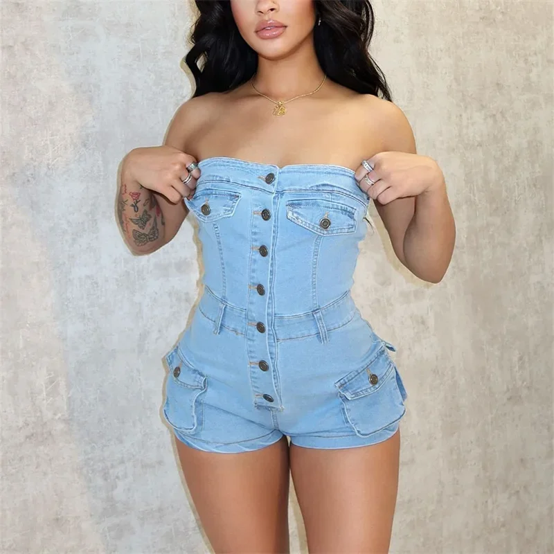 Women One-line Collar Sleeveless Denim Jumpsuit Shorts Fashion Casual 3D Pocket Rompers Female Single-breasted Splice Playsuits