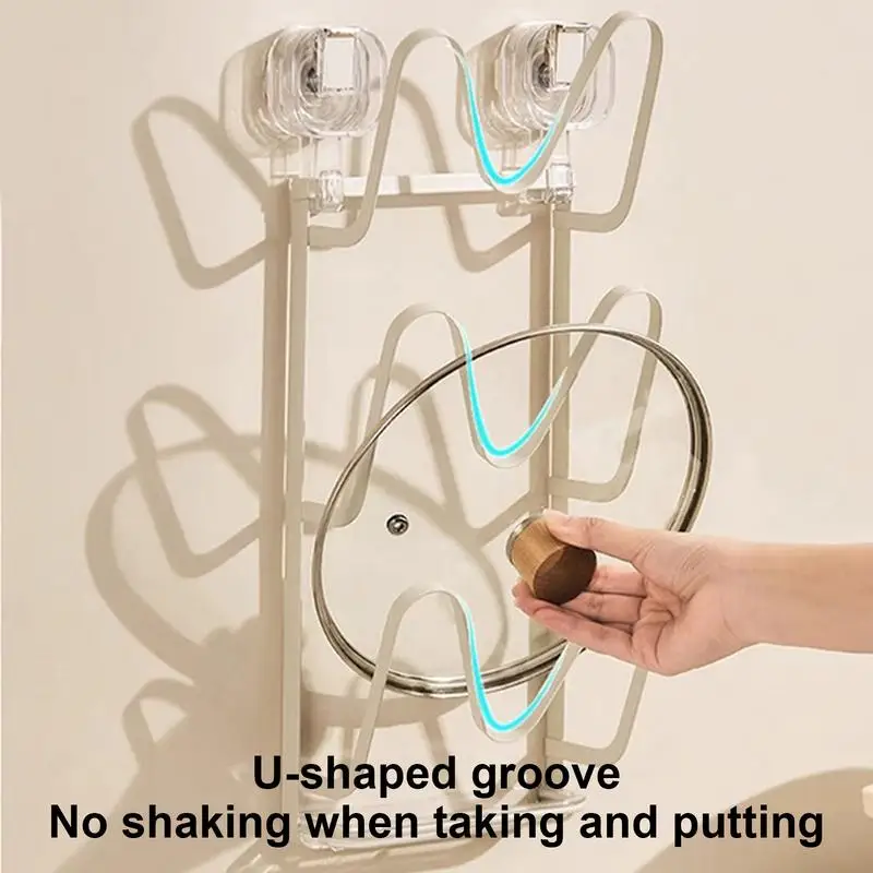 Pot Lid Holder Wall Mount Hangings Pan Shelf No-Drill Adhesive Mount Pan Holder Kitchen Floating Shelf 3-Layer Pot Lid Drainage 2
