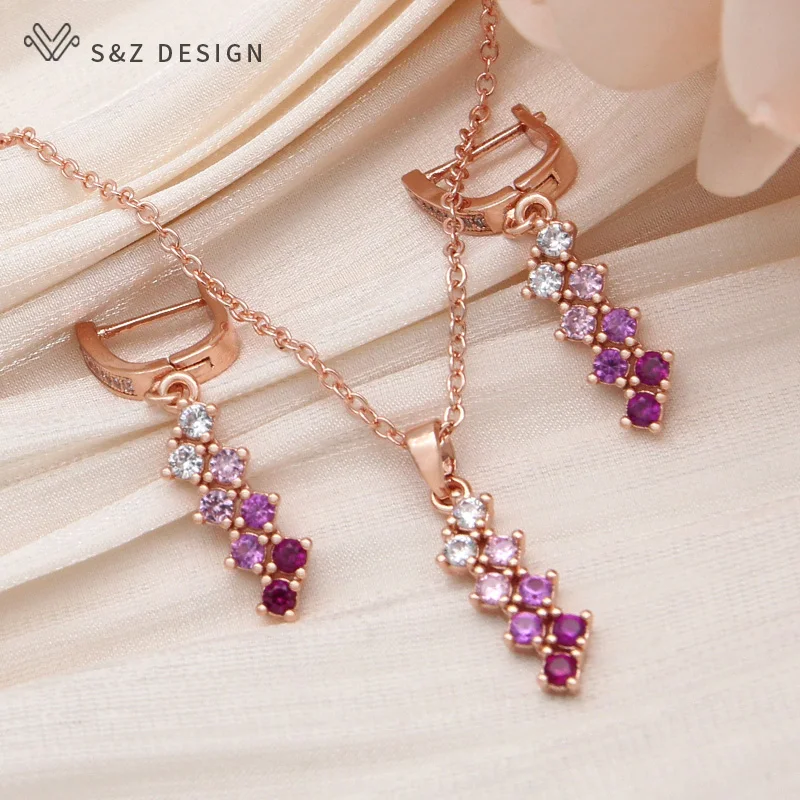 S&Z DESIGN New Fashion Elegant Pink Gradation Cubic Zirconia Dangle Earrings For Women Wedding 585 Rose Gold Color Jewelry Gift