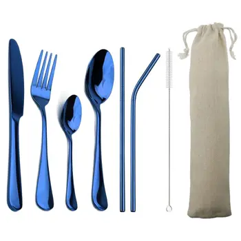 Stoviglie blu da 4 pezzi con 2 pezzi di cannuccia metallica in acciaio inossidabile stoviglie colorate coltello forchetta cucchiaino posate 1