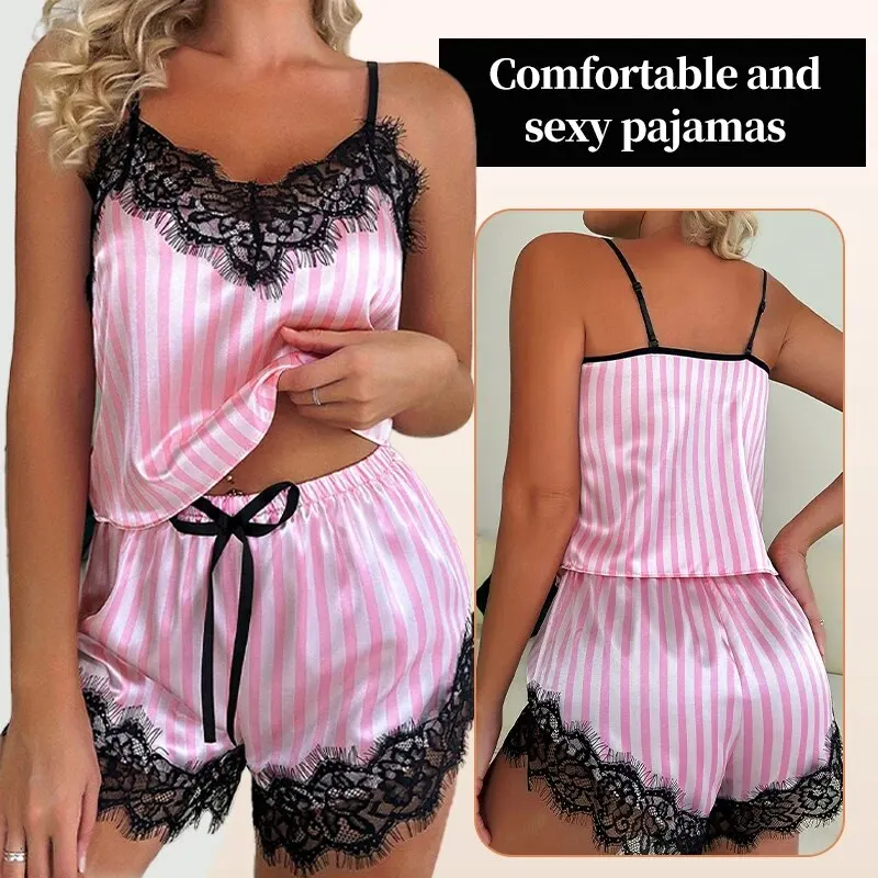 Two Piece Women's V-Neck Sexy Lace Suspender Pajama Shorts Set Casual Women's Sleeveless Sexy Pajama Set 2