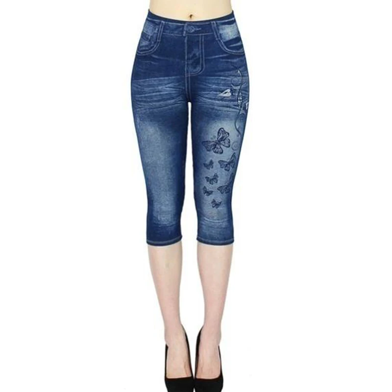 Women High Waist Perfect Fit Jeans Jeggings Faux Stretch Leggings Printed Short Skinny Classic Denim Pants 2021 Summer Breeches