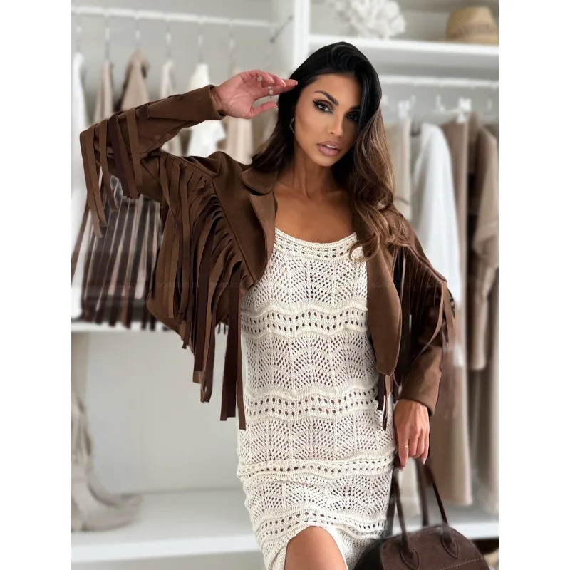 New Fashion Street Style Women's Lapel Long-sleeved Jacket Solid Color Cool Elegant Fringed Cardigan Short Coat Top