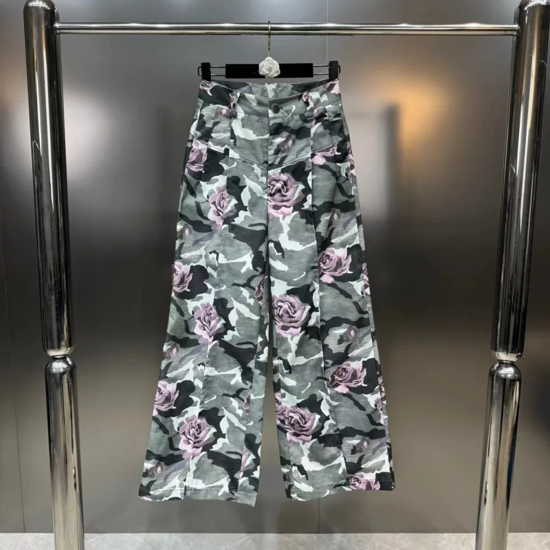 

BORVEMAYS Rose Printing Camouflage Pattern Wide Leg Pants High Waist Contrasting Colors Loose Casual Trousers Summer WZ8451