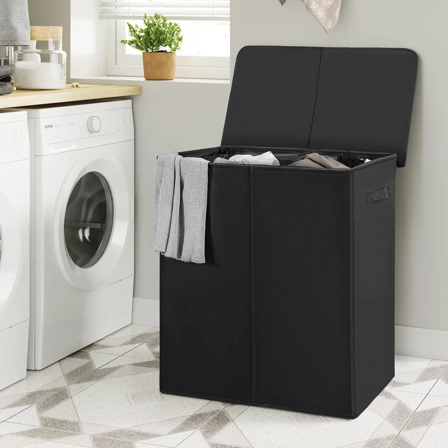 Clothing Sorting Basket WOWLIVE 154L Double Laundry Hamper with Lid and Removable Laundry Bags Large Dirty Clothes Hamper 2 section Collapsible