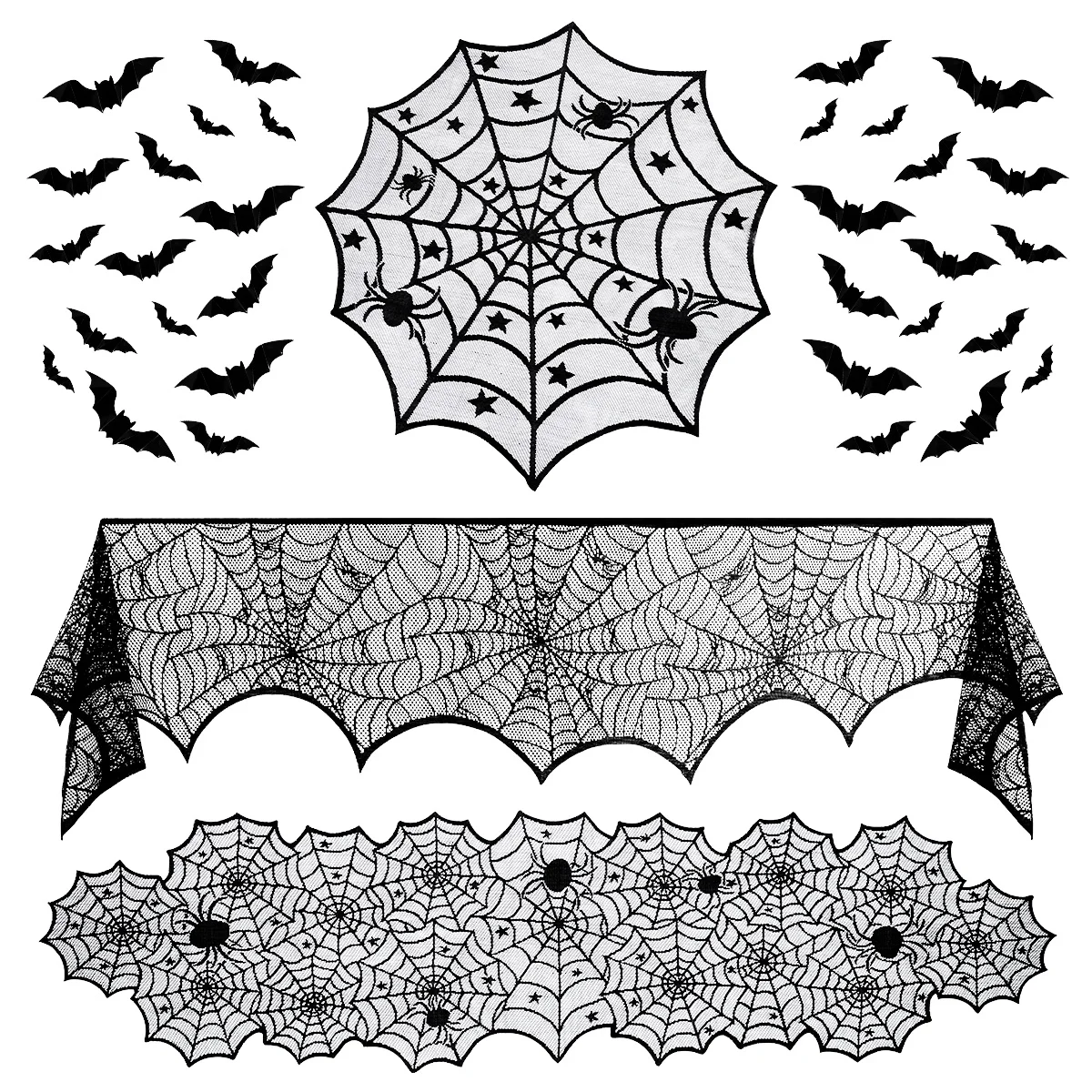 

Hemoton Halloween Lace Tablecloth Fireplace Scarf Spider Web Table Runner Fireplace Mantle with Bat Stickers for Halloween