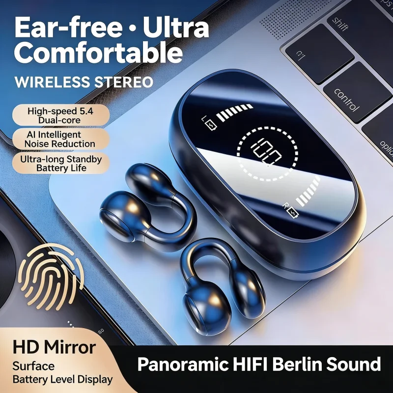 Sports Wireless Bluetooth Earphones LED Mirror Screen Soft Silicone Ear Clip Noise Cancelling HiFi Lossless Sound Headphones