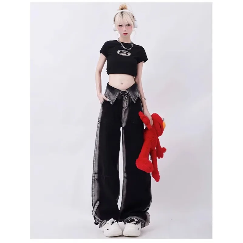 

Gradient Wash American Retro High Waist Straight Jeans Pants Women Casual Baggy Y2K Wide Leg Grunge Vintage Style Denim Trouser