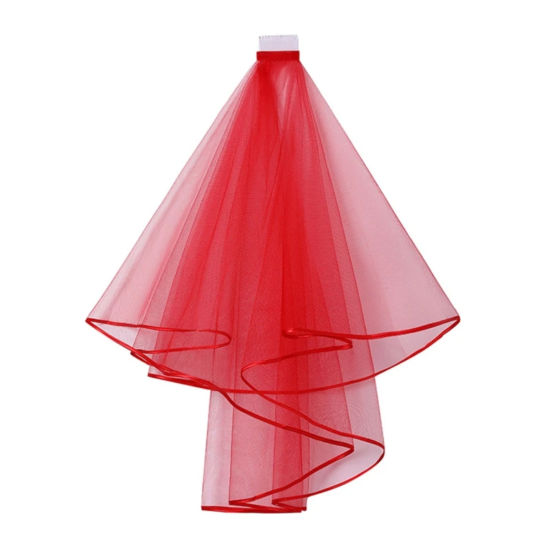 Women Short Wedding Veil Double Layer Mesh Tulle Solid Color Comb Ribbon Edge Center Cascade Bride Party Headpiece Bridal Veil