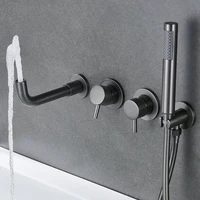 ก๊อกน้ำอ่างอาบน้ำแบบติดผนัง Farrete สีเทาปืน ผลิตจากทองแดงทั้งชิ้น พร้อมชุดฝักบัวน้ำร้อนน้ำเย็นแบบฝังในตัว สีทองขัดเงาสำหรับห้องน้ำ 2