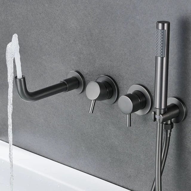 ก๊อกน้ำอ่างอาบน้ำแบบติดผนัง Farrete สีเทาปืน ผลิตจากทองแดงทั้งชิ้น พร้อมชุดฝักบัวน้ำร้อนน้ำเย็นแบบฝังในตัว สีทองขัดเงาสำหรับห้องน้ำ 2