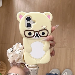 Cute 3D Rilakkuma Bear Soft Silicone Phone Case - Cartoon Glasses Design - iPhone 15 (YJ White)