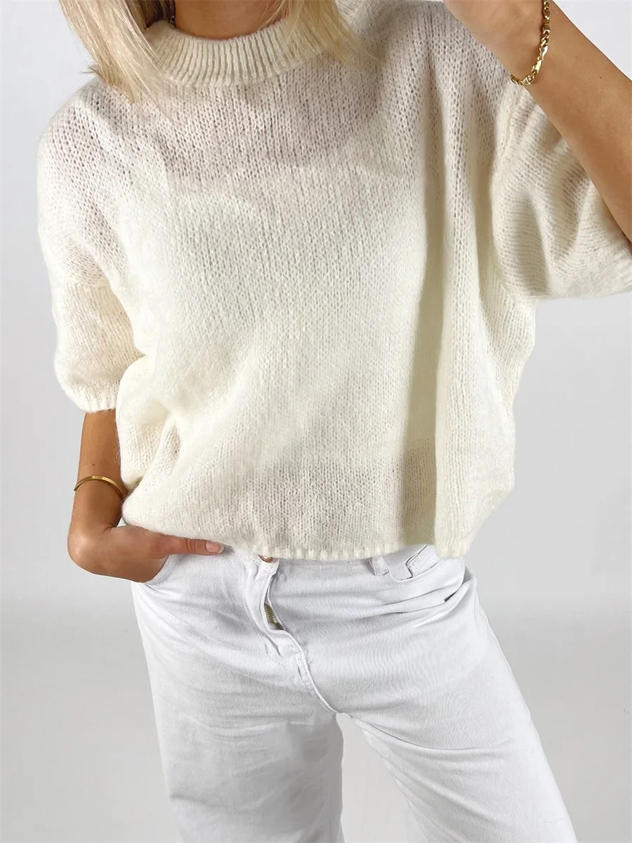 Women s Lightweight Knit Pullover Sweater with Half Sleeves and O Neckline in Solid Color for Casual Wear in Spring and Autumn